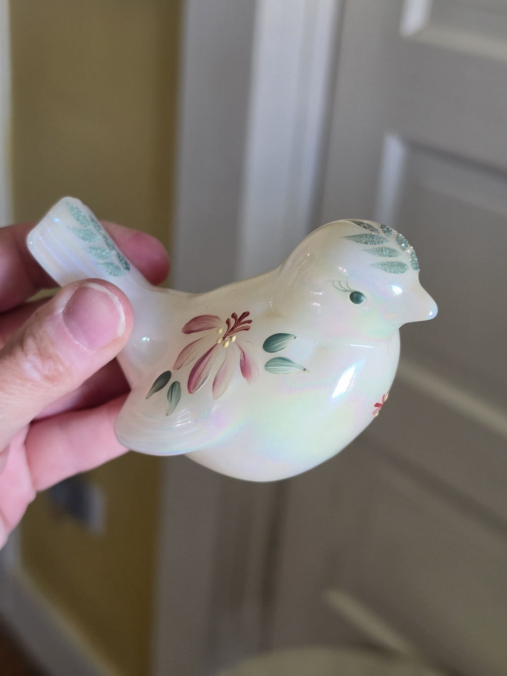 Fenton Hand-Painted Iridescent Ceramic Bird Figurine - White